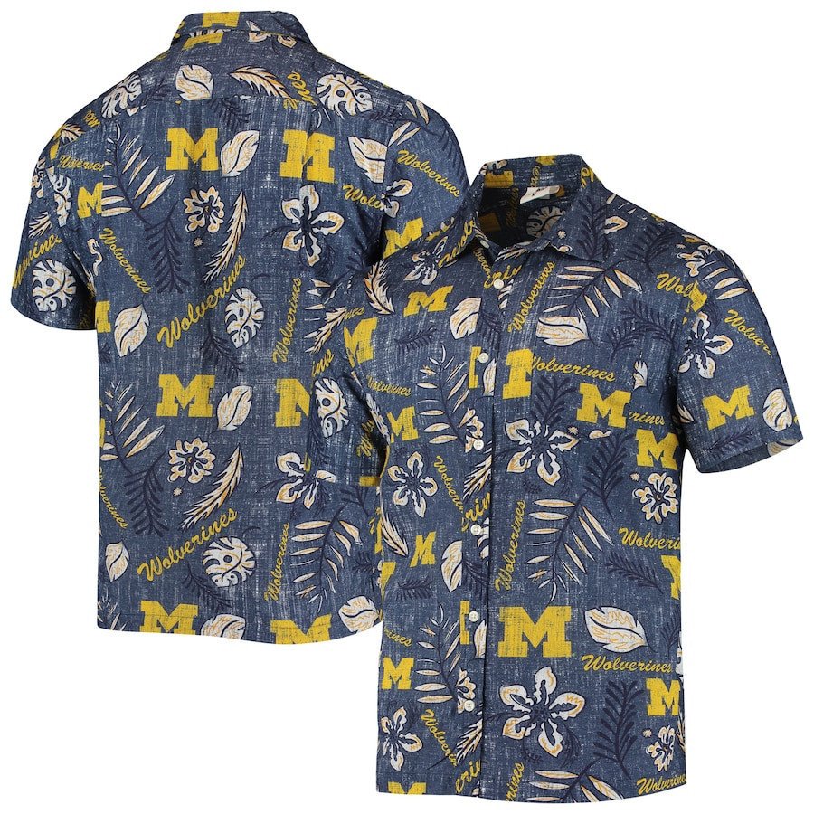 Michigan Wolverines Navy Vintage Floral Button-Up Hawaiian Shirt