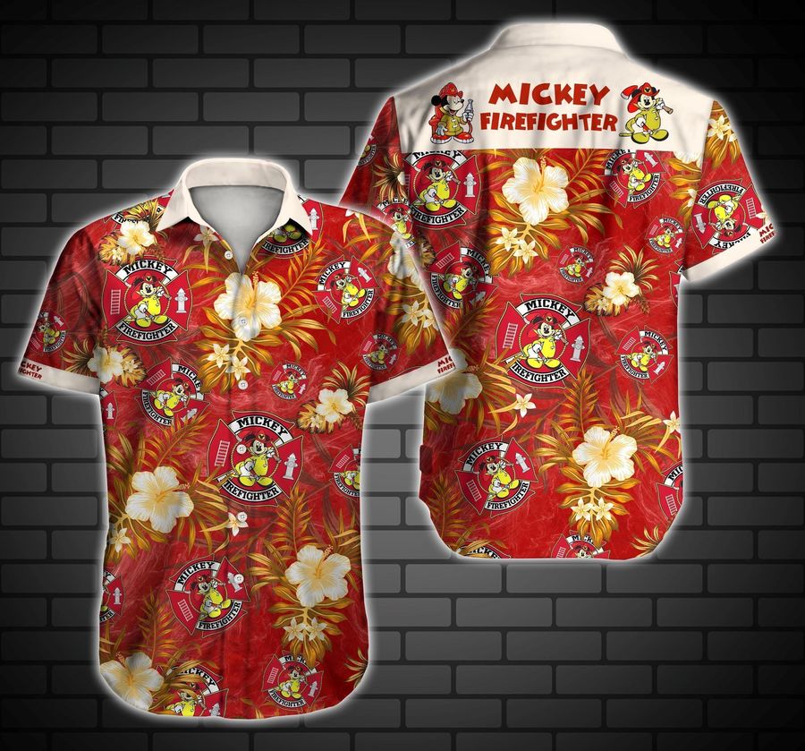 Mickey Mouse Firefighter Hawaiian Graphic Print Short Sleeve Hawaiian Casual Shirt N98 - 6385