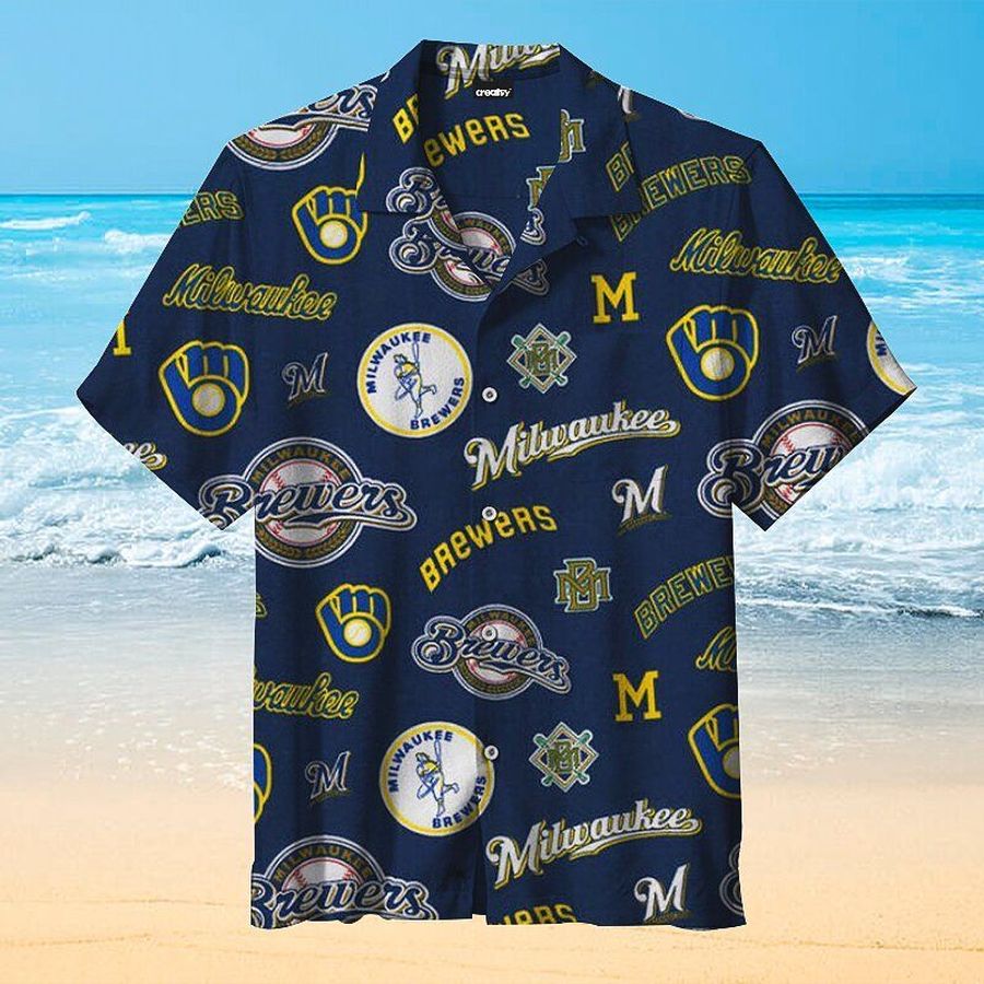 Milwaukee Brewers Mlb Hawaiian Graphic Print Short Sleeve Hawaiian Shirt L98 - 6173