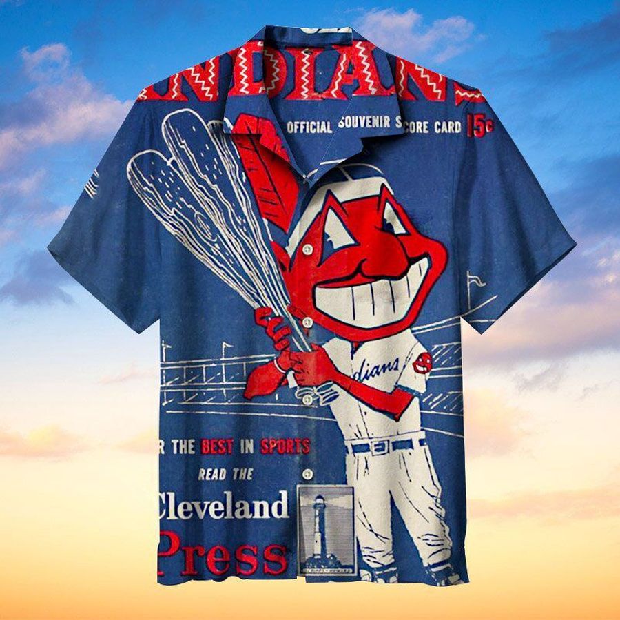 MLB Cleveland Indians Hawaiian Graphic Print Short Sleeve Hawaiian Shirt L98 - 6378