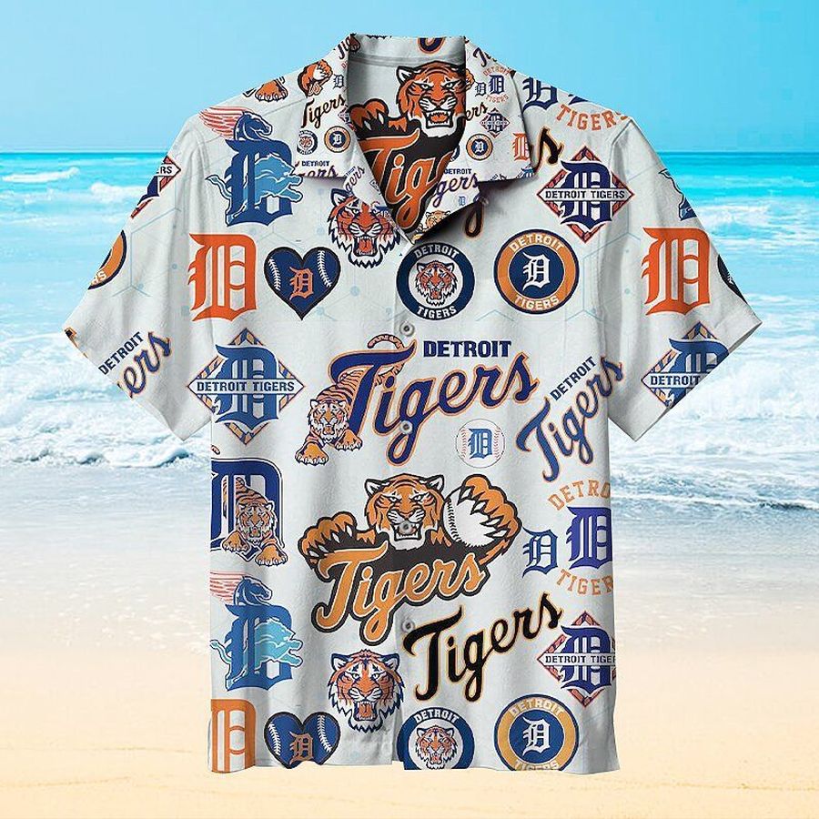 MLB Detroit Tigers Baseball Team Hawaiian Graphic Print Short Sleeve Hawaiian Shirt L98 - 2577