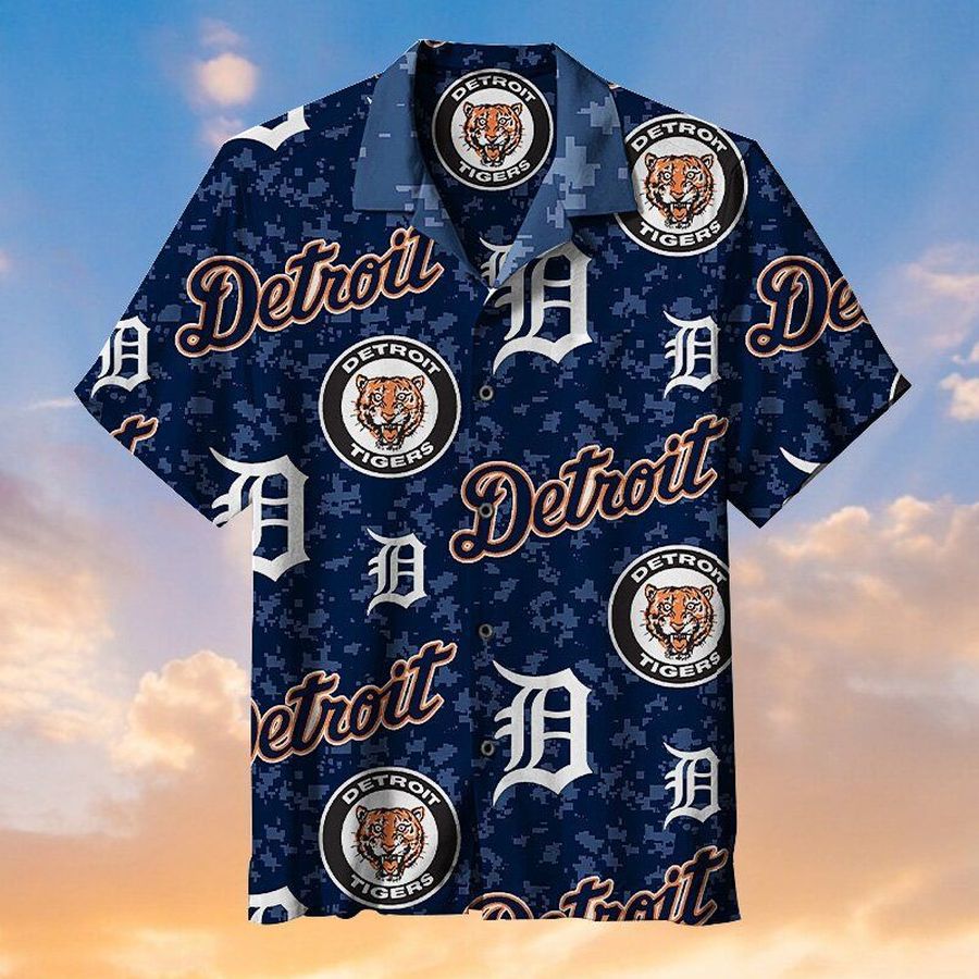 MLB Detroit Tigers Baseball Team Hawaiian Graphic Print Short Sleeve Hawaiian Shirt L98 - 6423