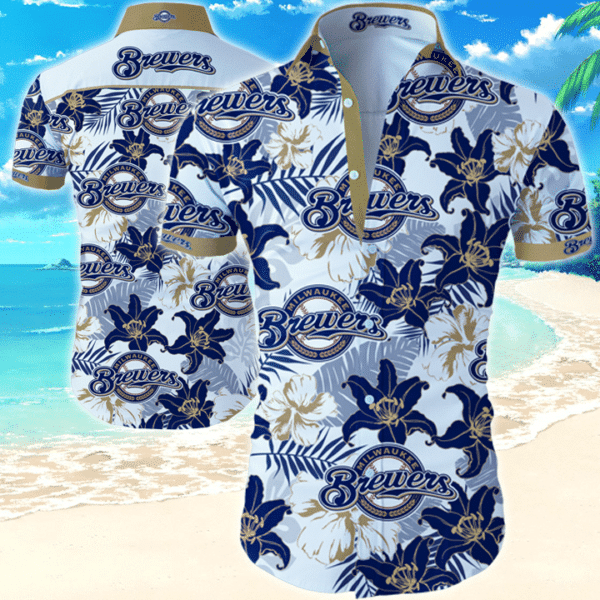 Mlb Milwaukee Brewers Hawaiian Graphic Print Short Sleeve Hawaiian Shirt L98 - 5836