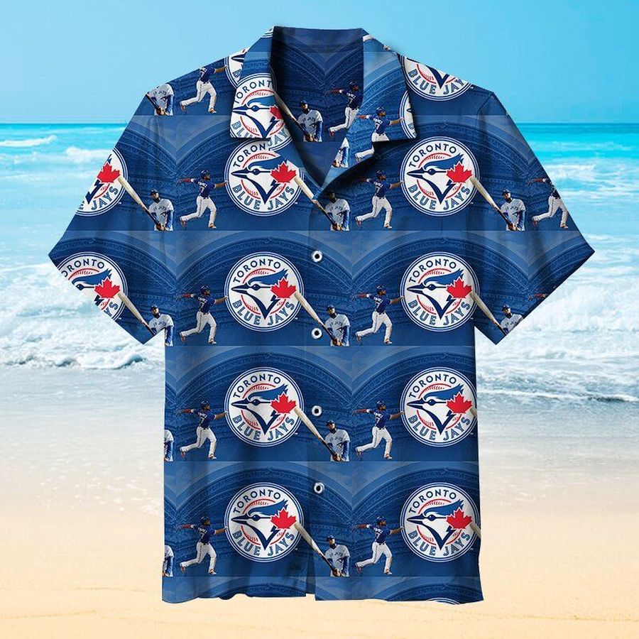 MLB Toronto Blue Jays Hawaiian Graphic Print Short Sleeve Hawaiian Shirt L98 - 9607