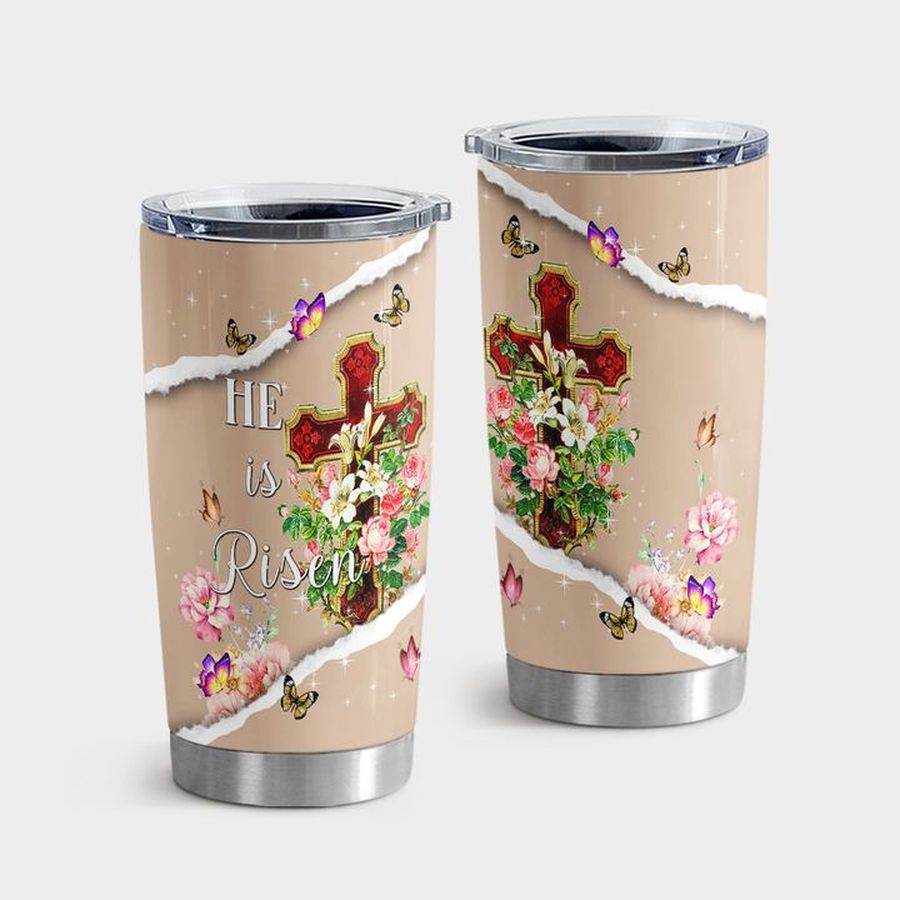 Monarch Water Tumbler, Cross With Butterflies And Flower He Is Risen Tumbler Tumbler Cup 20oz , Tumbler Cup 30oz, Straight Tumbler 20oz