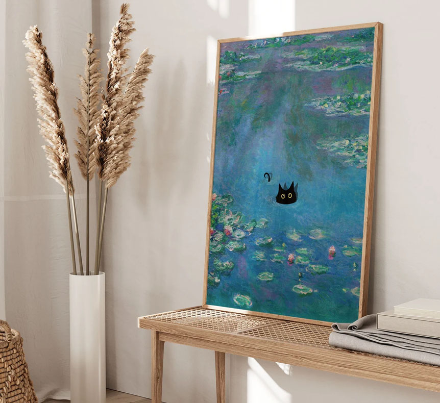 Monet Waterlily Cat Print, Claude Monet Cat Poster