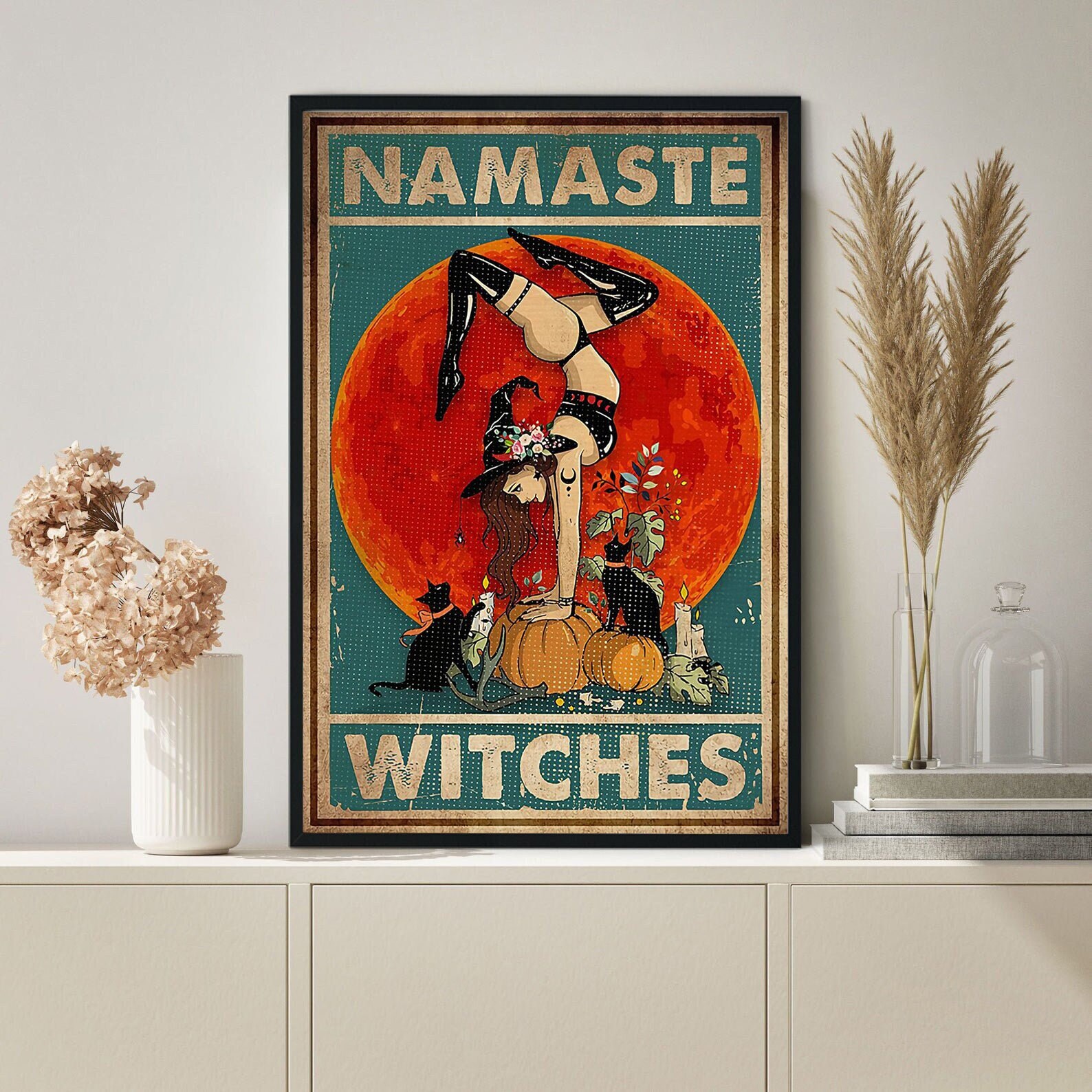 Namaste Witches Poster, Halloween Wall Decor, Yoga Halloween, Yoga Poster, Witch Yoga Decor, Halloween Yoga Art, Witch Poster, Pumpkin