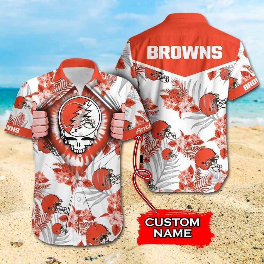 NFL Cleveland Browns Grateful Dead Gift For Fan Personalized Hawaiian Graphic Print Short Sleeve Hawaiian Shirt H97 - 7943