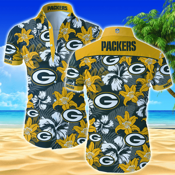 Nfl Green Bay Packers Hawaiian Graphic Print Short Sleeve Hawaiian Shirt L98 - 9333