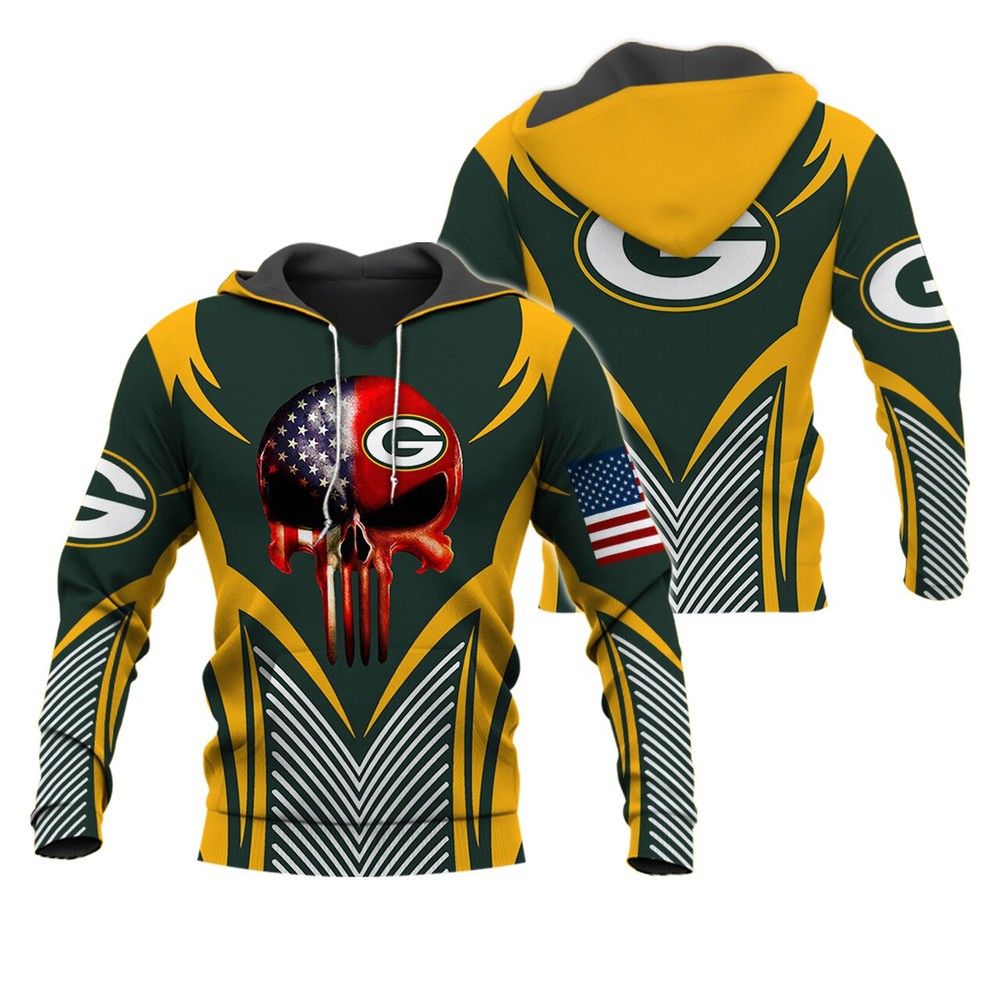 NFL Green Bay Packers Patriotic Punisher Skull 3D Hoodie Sweatshirt