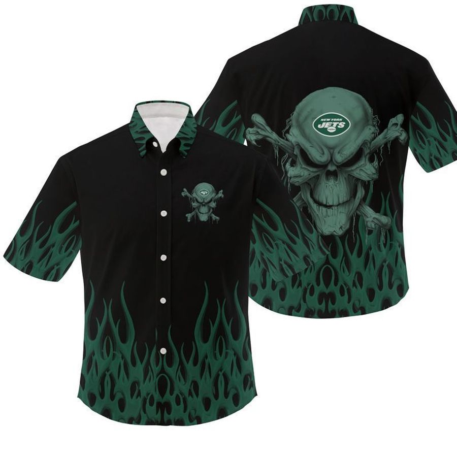 NFL New York Jets Skull Gift For Fan Hawaiian Graphic Print Short Sleeve Hawaiian Shirt 2 H97