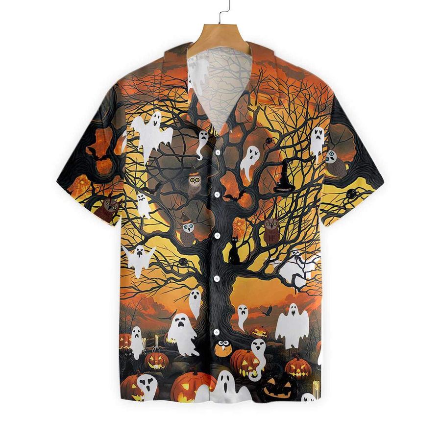 Night Of Pumpkin & Ghost 3d All Over Print Summer Button Design For Halloween Hawaii Shirt