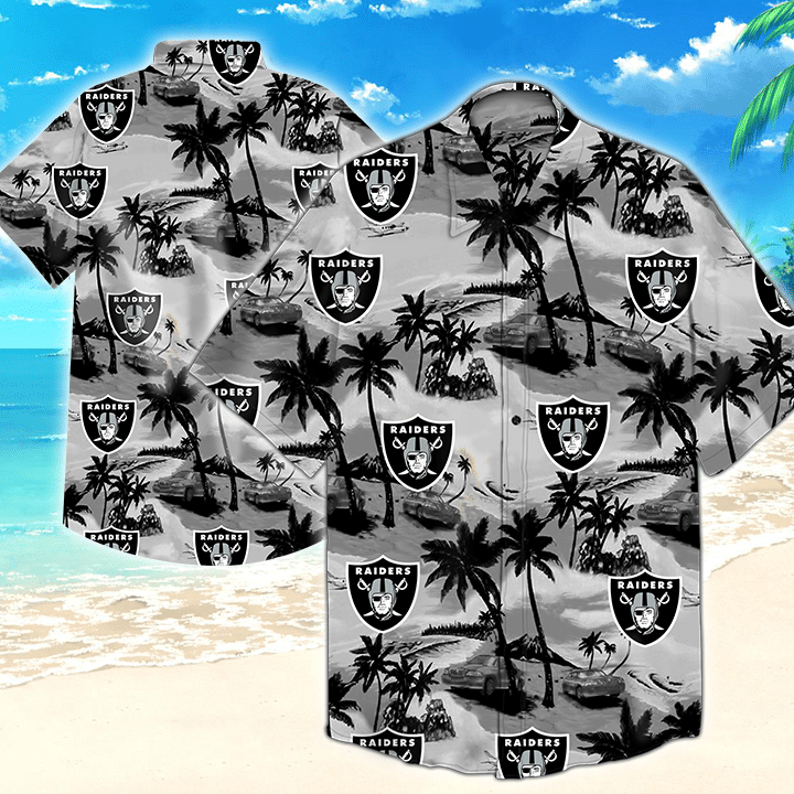 Oakland Raiders Nfl Hawaiian Graphic Print Short Sleeve Hawaiian Shirt L98