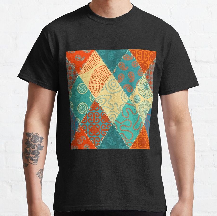 Patchwork seamless pattern with different patterns turquoise and orange prominent Classic T-Shirt