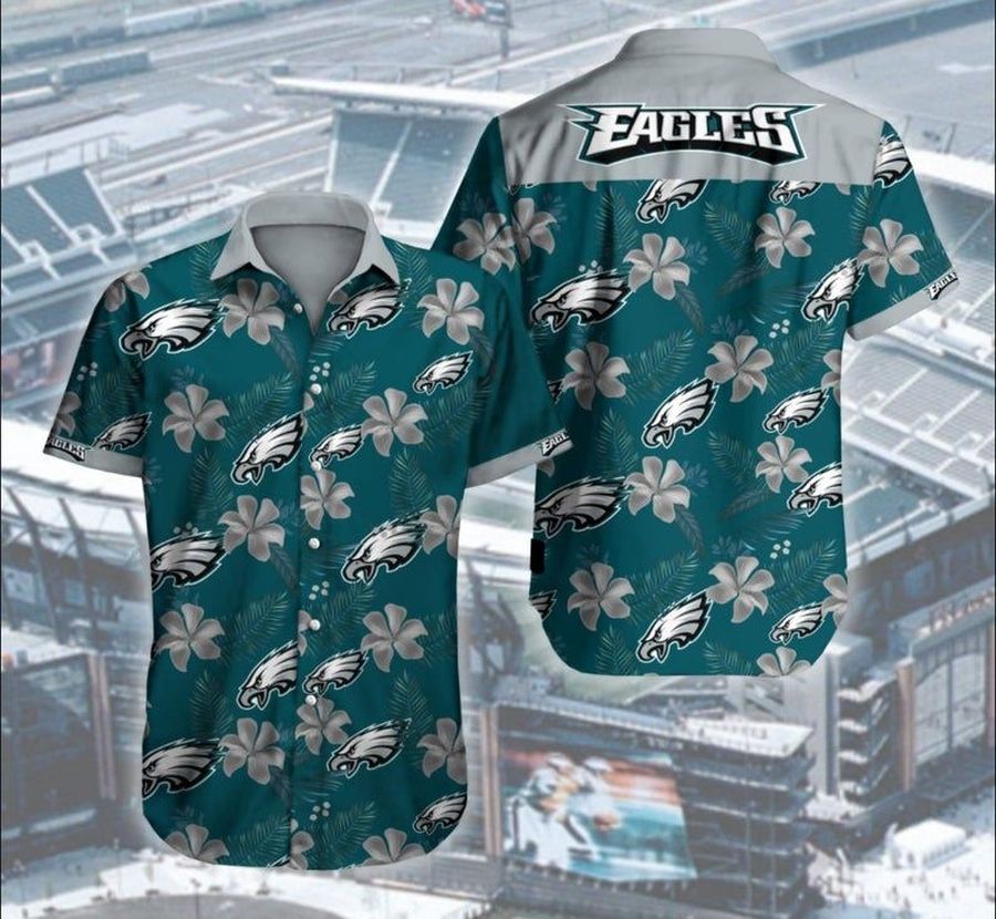 Philadelphia Eagles Hibicus NFL Button Hawaiian Graphic Print Short Sleeve Hawaiian Shirt L98