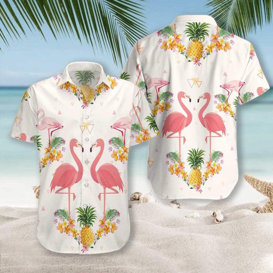 Pineapple And Flamingo Hawaiian Graphic Print Short Sleeve Hawaiian Shirt N98