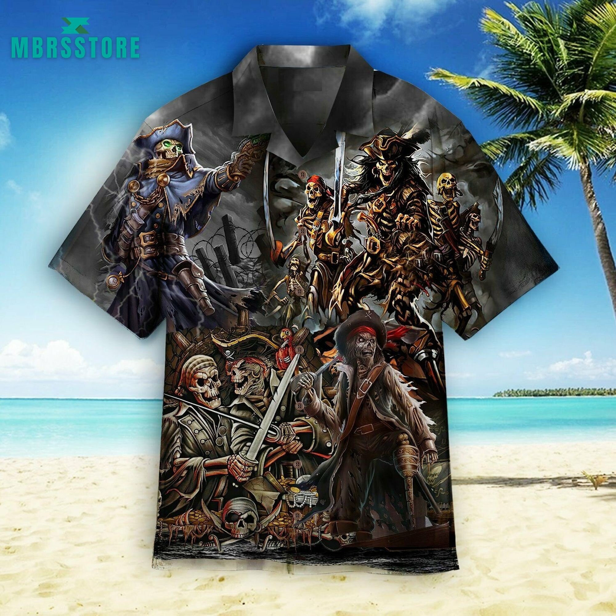 Pirate Skull Classic Aloha Vintage Beach Pirates Button Down Hawaiian Shirt