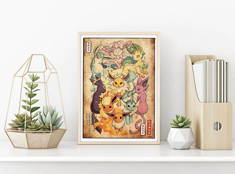 Pokemon Gen 1 Eevee Evolution, Japanese Vintage Style Portrait Poster