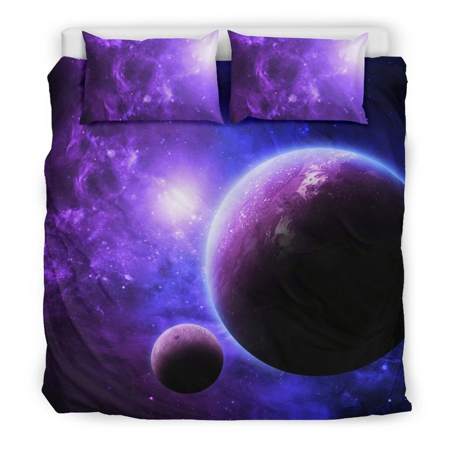 Purple Galaxy Space Moon Earth Print Duvet Cover Bedding Set