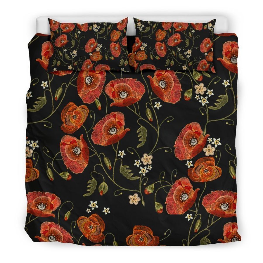 Red Floral Poppy Pattern Print Duvet Cover Bedding Set