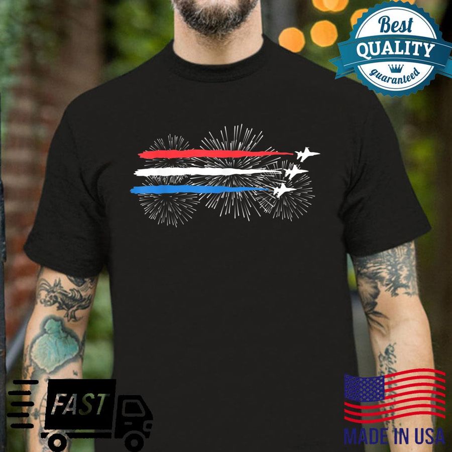 Red White and Blue Fighter Jets with Fireworks 4th of July Shirt