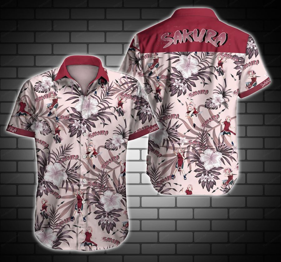 Sakura Haruno Hawaiian Graphic Print Short Sleeve Hawaiian Casual Shirt size S - 5XL