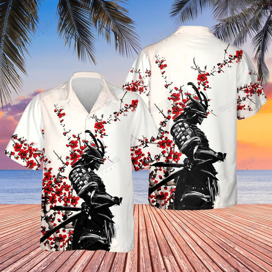 Samurai Warrior Red Flower Hawaiian Shirt.png