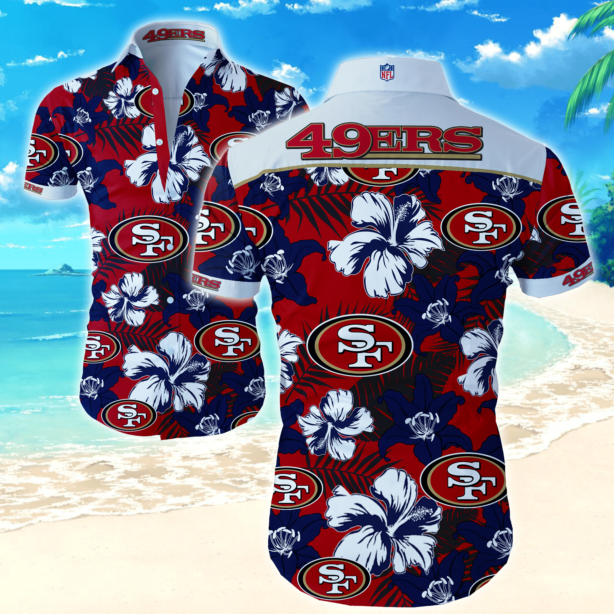 San Francisco 49ers Nfl Hawaiian Graphic Print Short Sleeve Hawaiian Shirt L98 - 3273