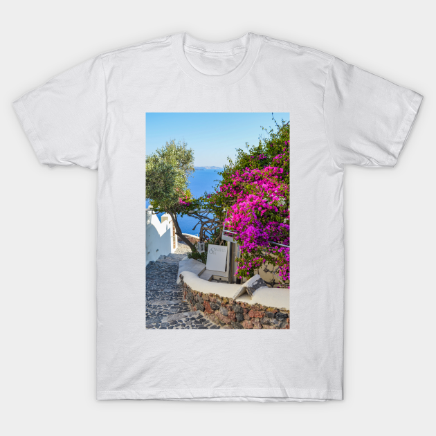 Santorini, Greece, Pink Flowers, Ocean View T-shirt, Hoodie, SweatShirt, Long Sleeve