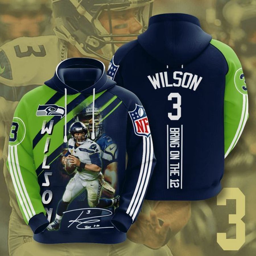 Seattle Seahawks 3 Russell Wilson 3D Hoodie Hooded Pocket Pullover