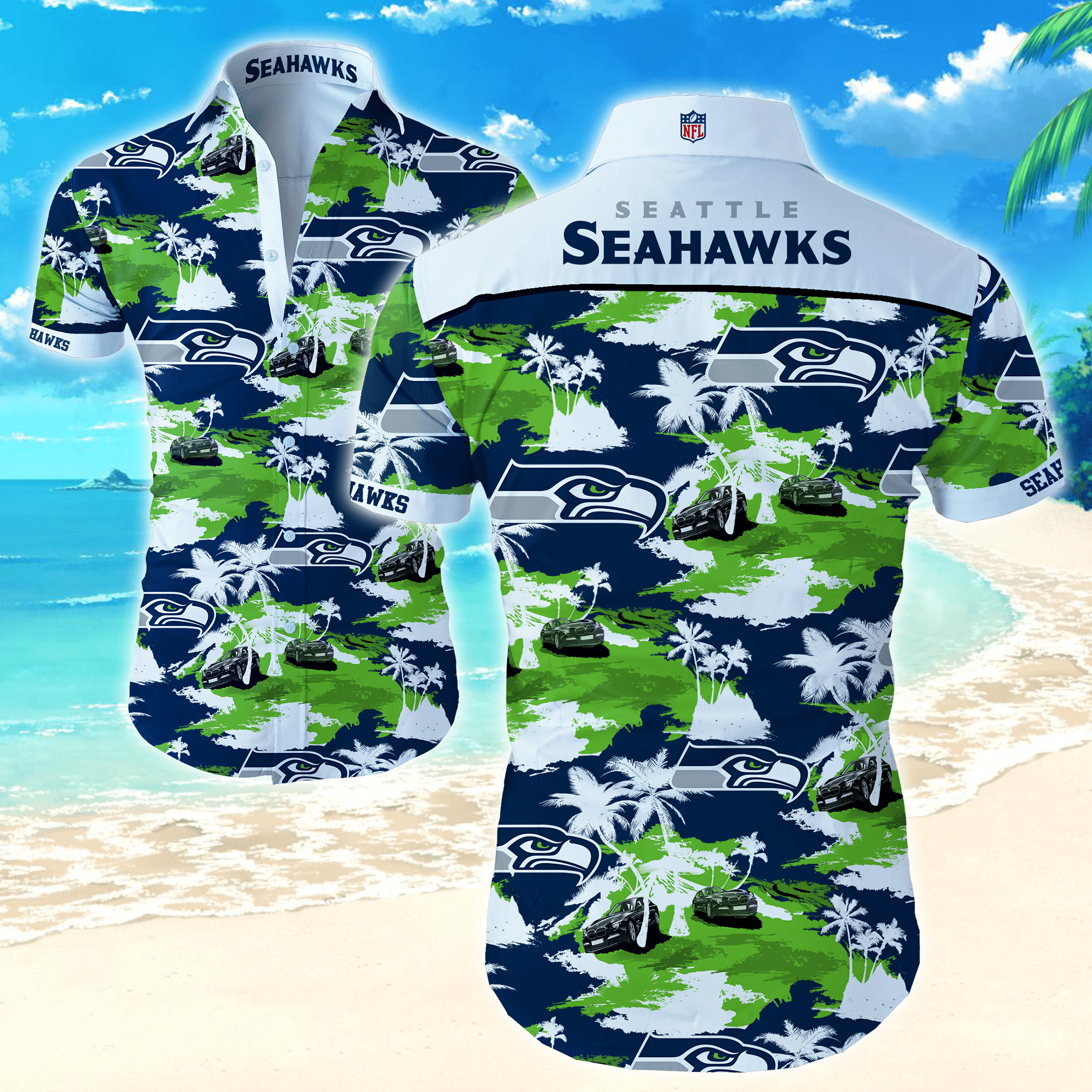 Seattle Seahawks Nfl Hawaiian Graphic Print Short Sleeve Hawaiian Shirt L98 - 6148