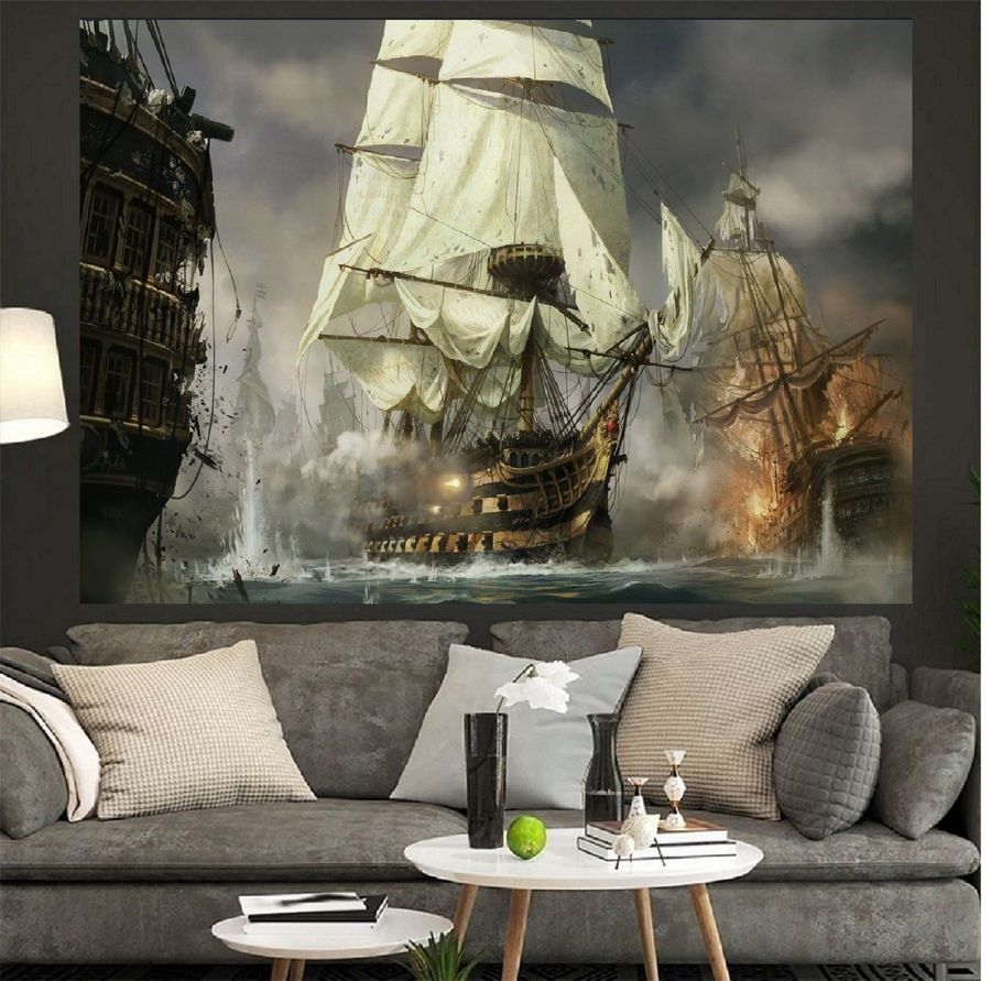 Ship Painting Canvas Wall Art, Battle Ship Art Work, Pirates Ship Canvas Wall Print, Sailboat Room Wall Decor, Sailing Ship Ready to Hang