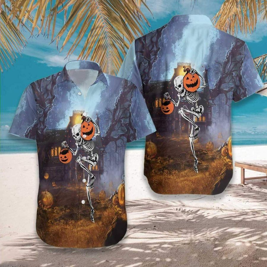 Skeleton Go Out For Night 3d All Over Print Button Design For Halloween Hawaii Shirt