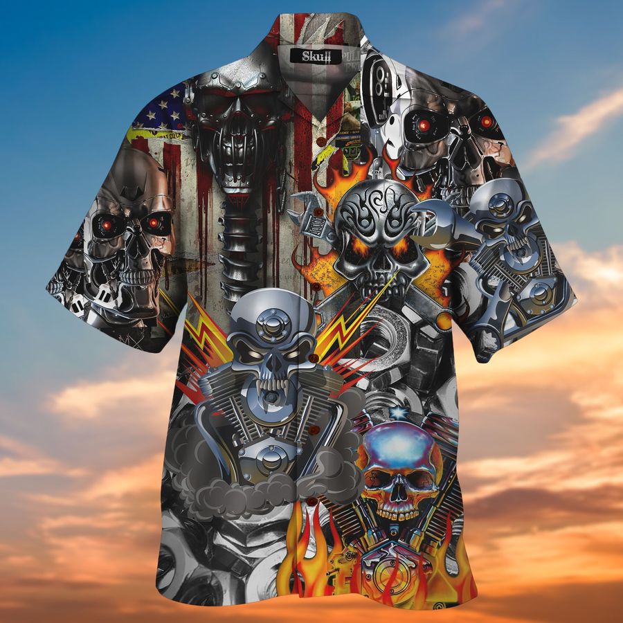Skull On Fire Machine 3D All Over Printed Hawaiian Shirt