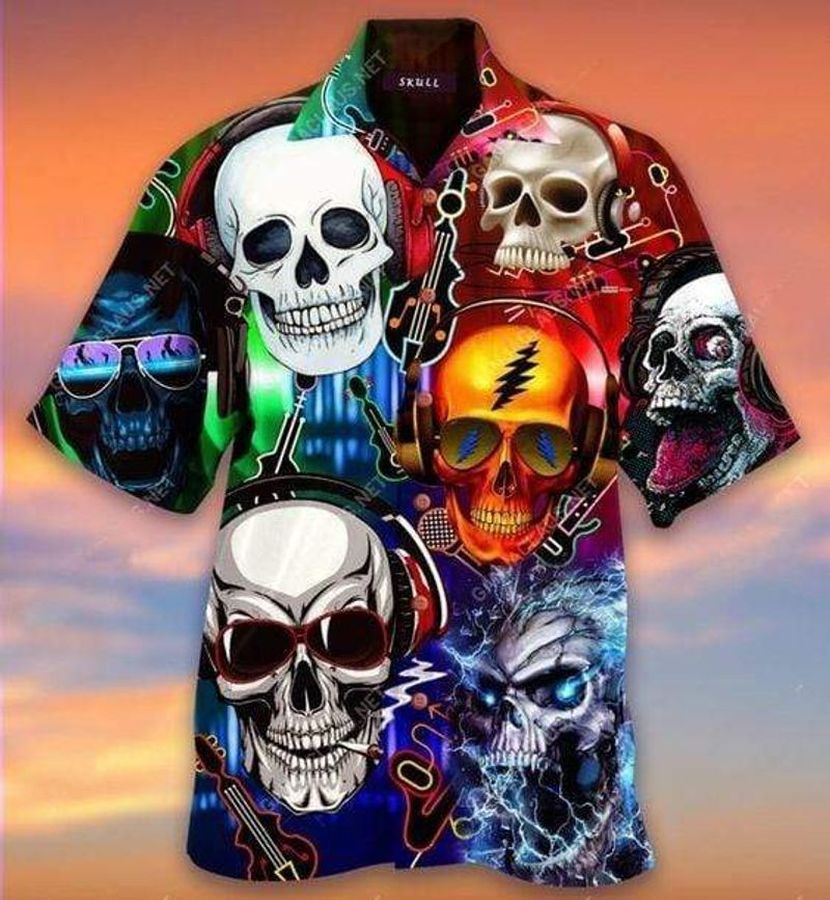 Skull rock misic guitar short sleeve hawaiian shirt unisex hawaii size S-5XL