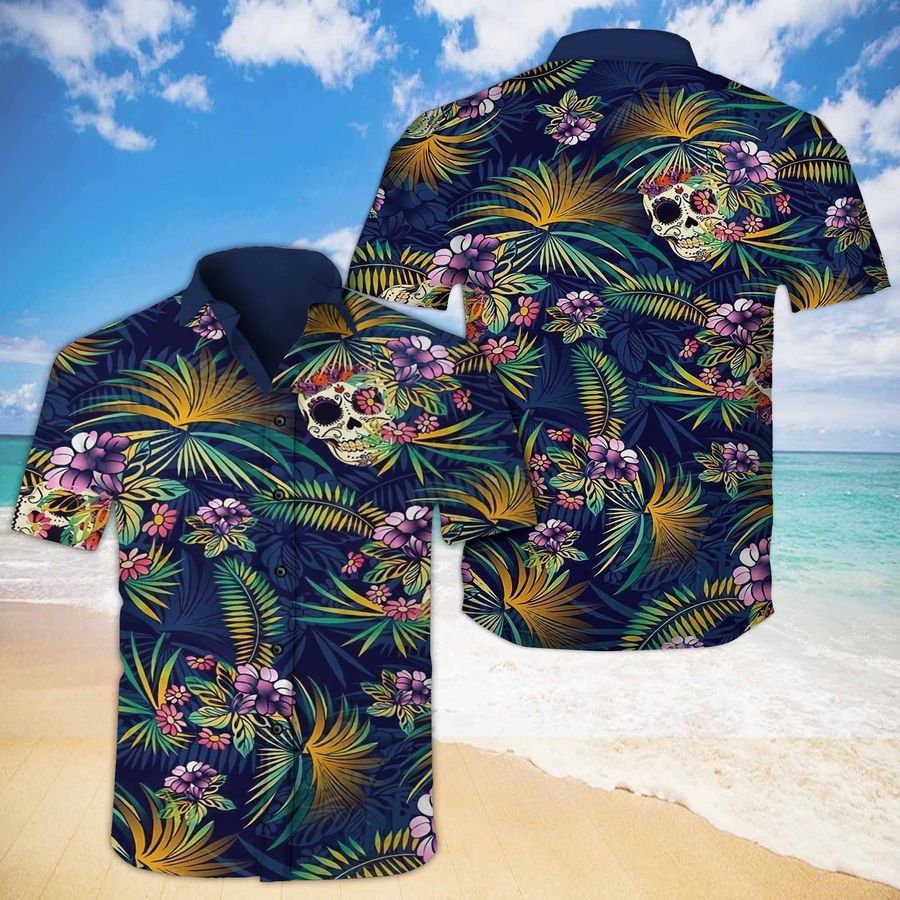 Skull Tropical Hawaiian IV Graphic Print Short Sleeve Hawaiian Casual Shirt N98 - 7497
