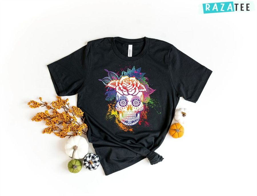 Sugar Skull Shirt , Sugar Skull Flower Rainbow Shirt, Day Of The Dead