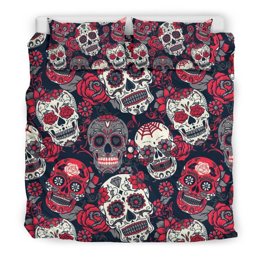 Sugar Skull Skeleton Girly Rose Floral Pattern Print Duvet Cover Bedding Set