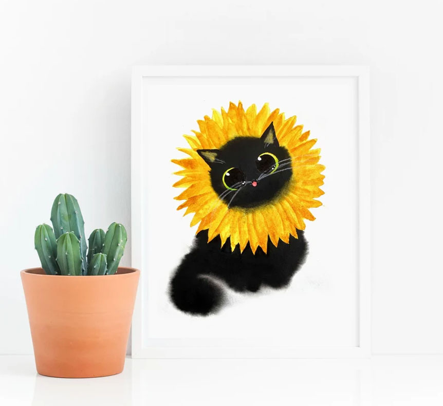 Sunflower Cat, Flower Cat, Black Cat Funny Poster
