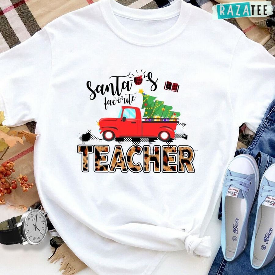 Teacher Merry Christmas Santa’s Favorite Red Truck Xmas Tree Leopard Plaid Apple T Shirt,Teacher Christmas Shirts