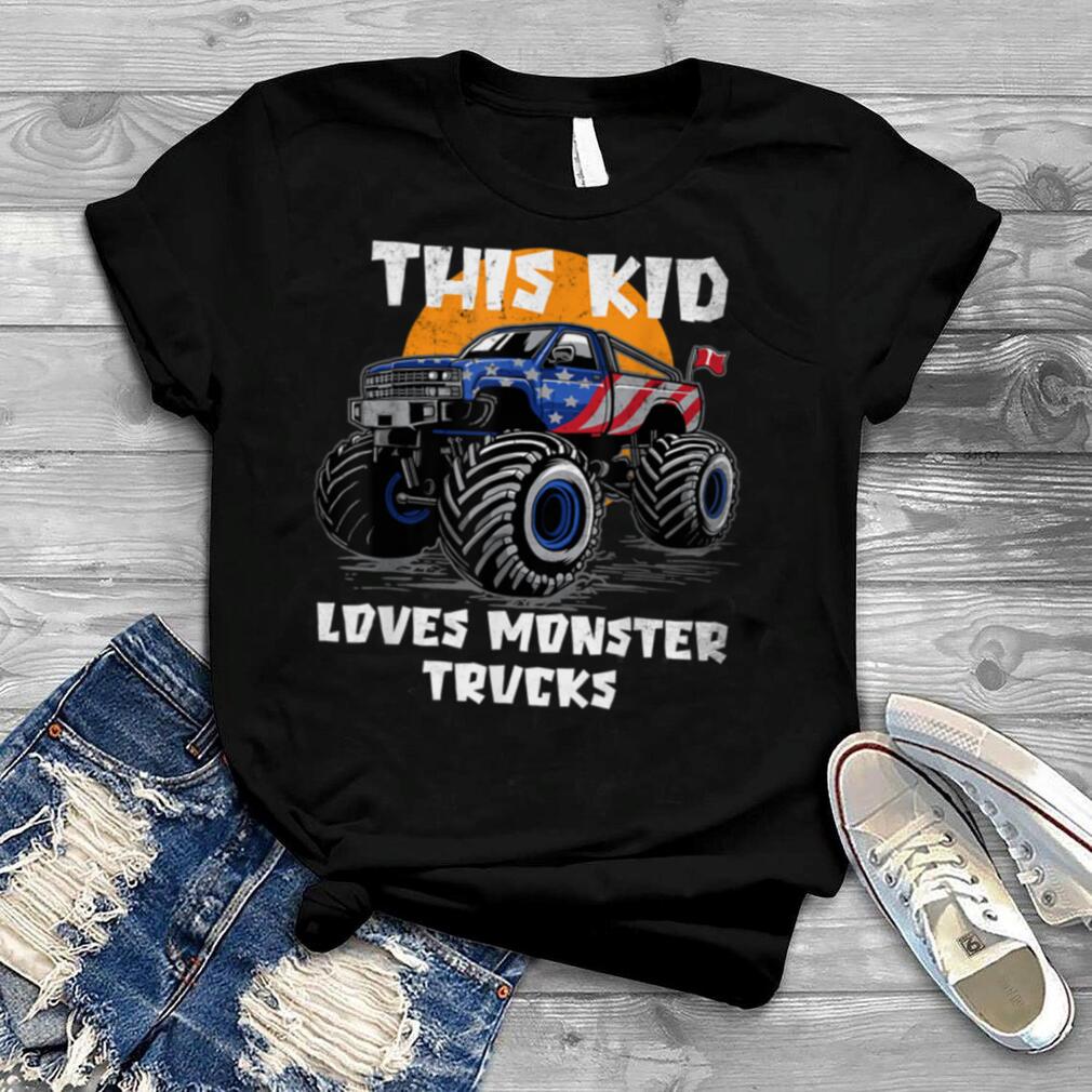 This Kid Loves Monster Trucks Patriotic USA Flag Boys Girls T Shirt