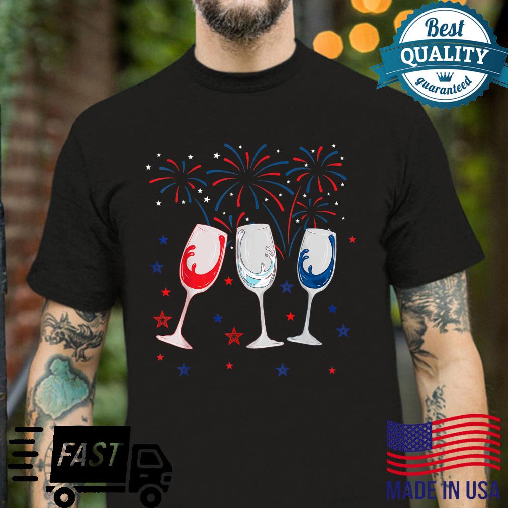 Three Red White Wine Glasses And Blue American Flag Firework Shirt