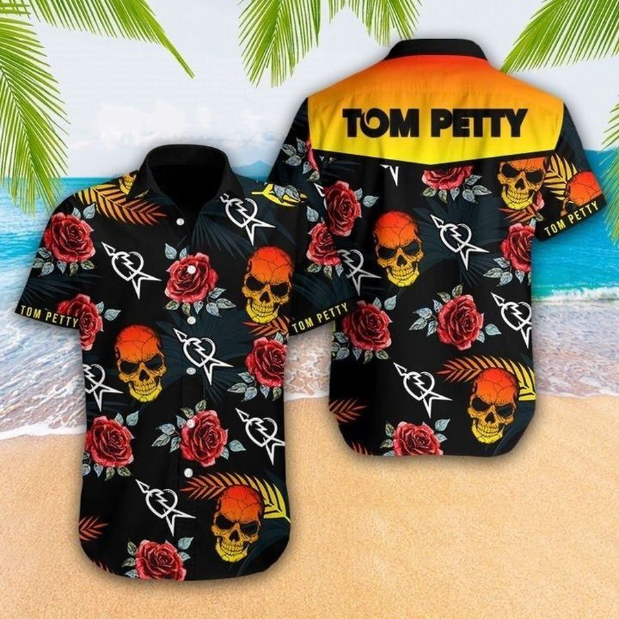 Tom Petty And The Heartbreakers x Skull Flowers Hawaiian Graphic Print Short Sleeve Hawaiian Casual Shirt size S - 5XL