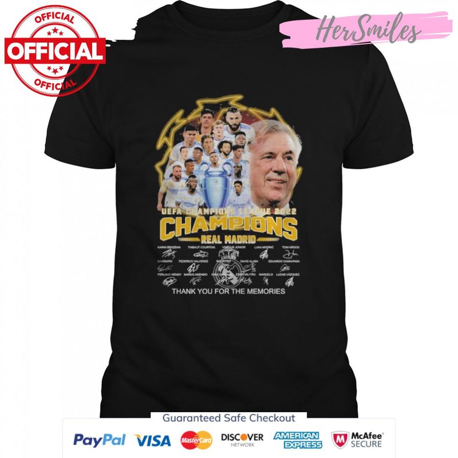 UEFA Champions League 2022 Champions Real Madrid thank you for the memories signatures shirt