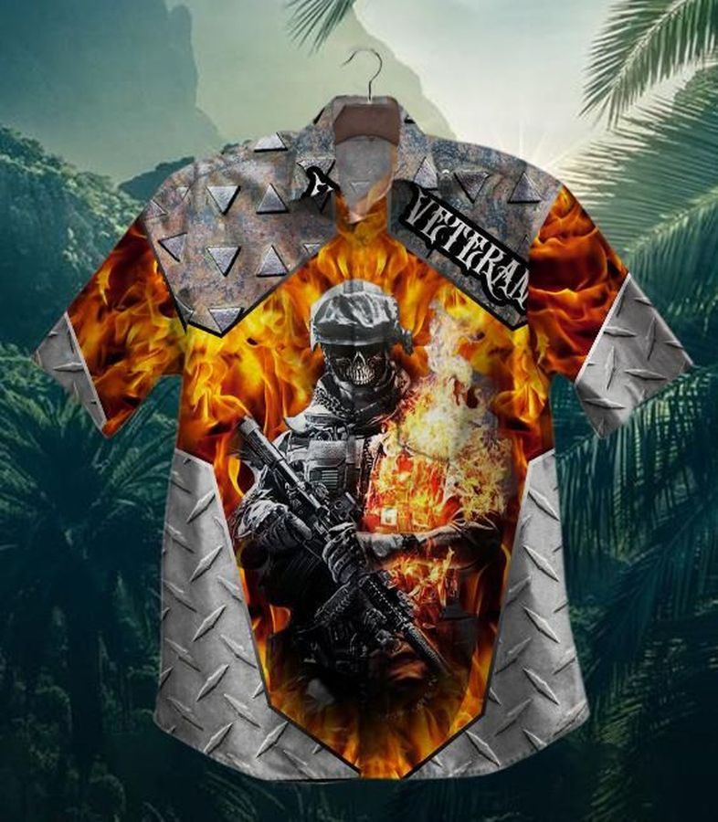 US Army Skull Veteran In Fire Hawaiian Shirt
