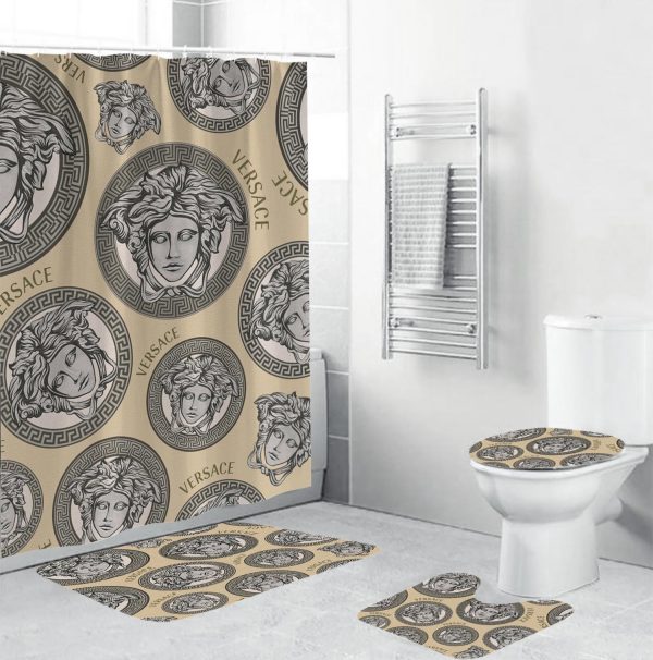 Versace Silver Logo Pattern In Sand Background Bathroom Shower Curtain Set