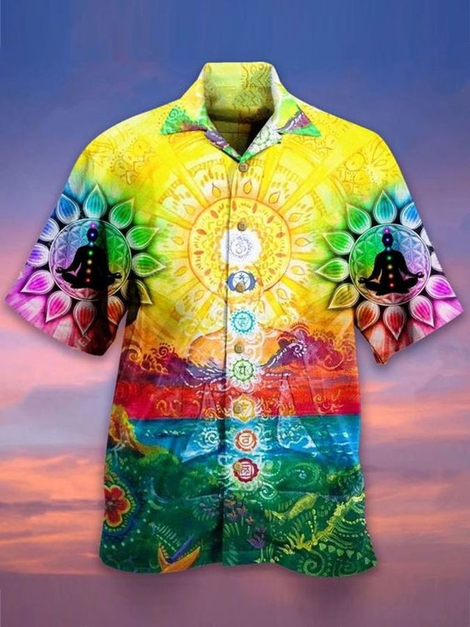 Vintage hippie yoga meditation bandala beach sunset short sleeve hawaiian shirt unisex hawaii size S-5XL