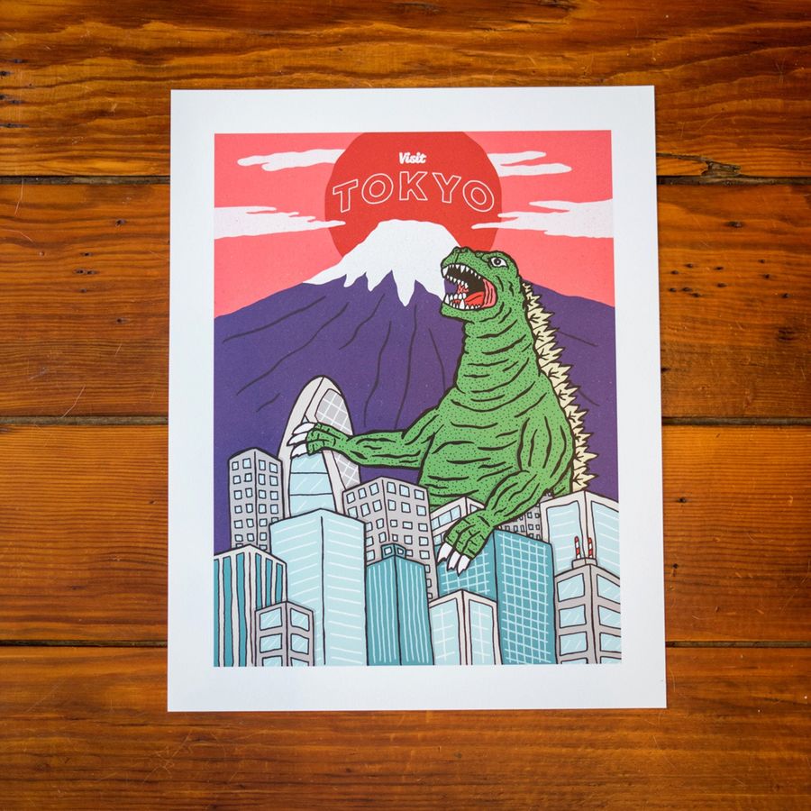 Visit Tokyo Travel Poster - Godzilla Poster - Illustrated Godzilla Wall Art - Comic Decor - Kaiju Art - Monster Poster - Movie Artwork