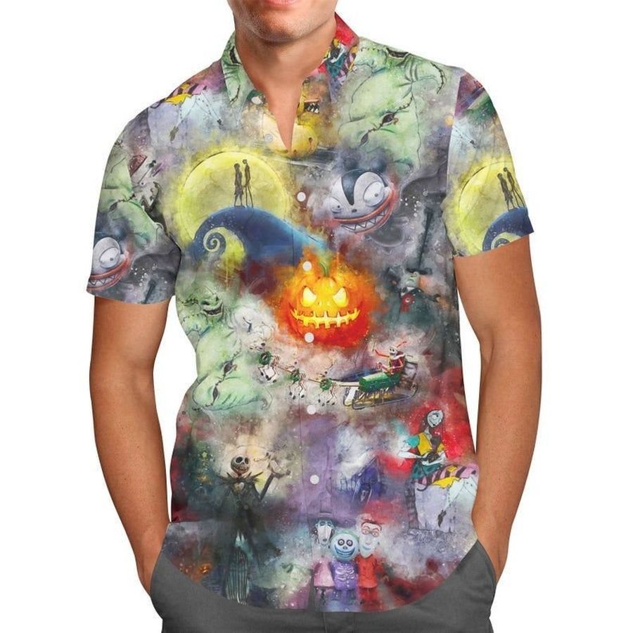Watercolor Nightmare Before Christmas Disney For men And Women Graphic Print Short Sleeve Hawaiian Casual Shirt Y97 - 3251
