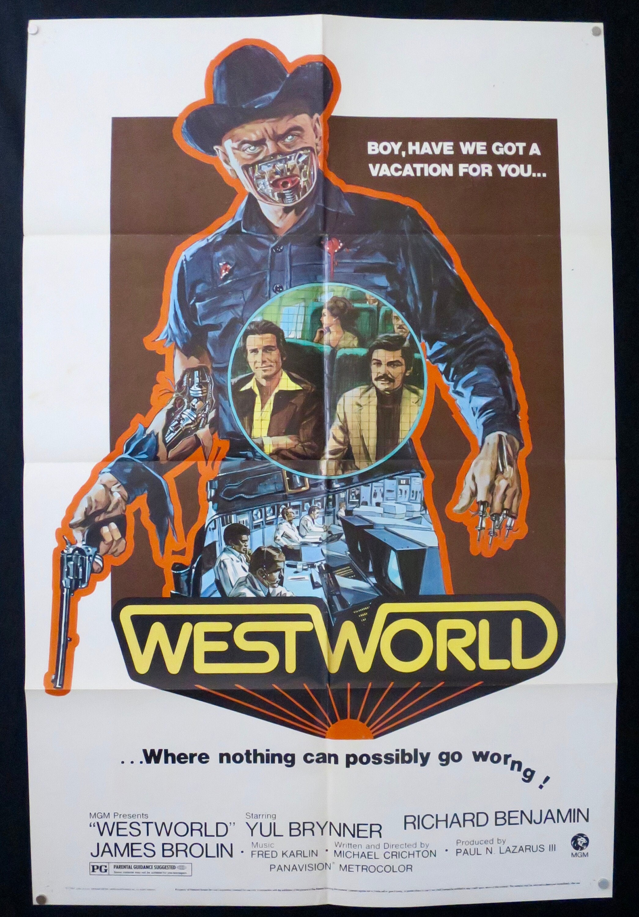 WESTWORLD ~ 1973 Orig US 1 Sheet Movie Poster ~ Folded 27x41 Fair to Good Cond ~ Yul Brynner, Richard Benjamin Star! Michael Crichton!
